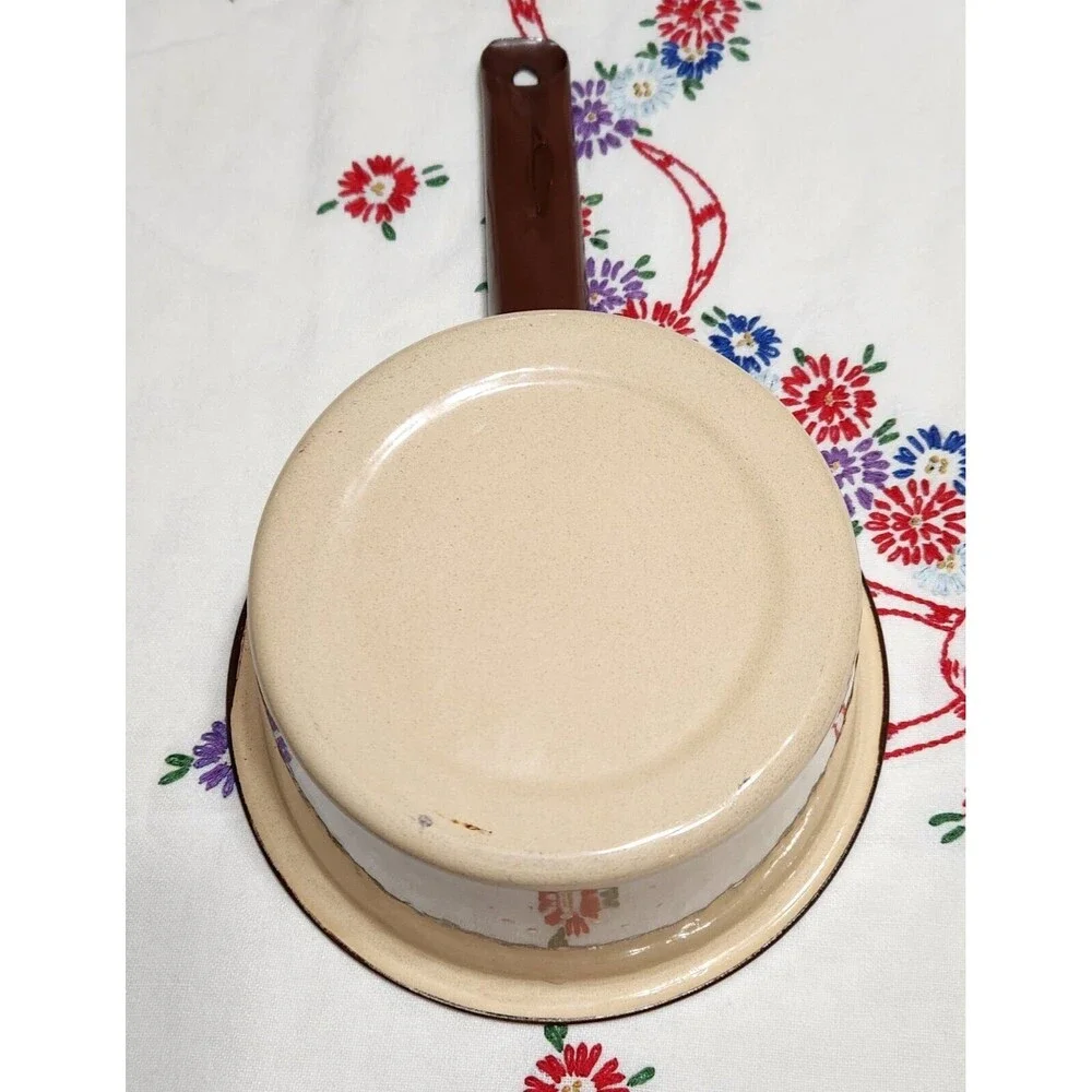 Set of 2 Enamelware Sauce Pans Light Speckle Beige & Brown Enamel